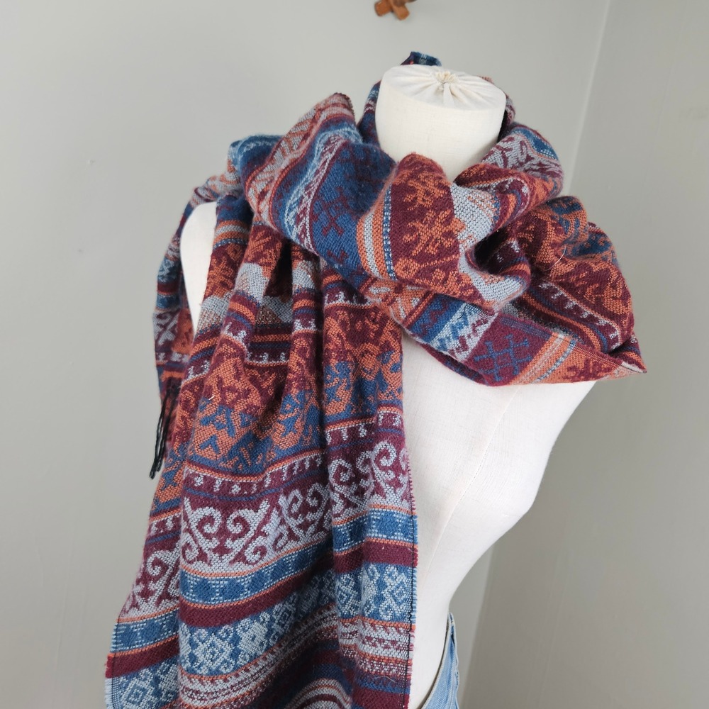 Sacred Threads Woven Boho Tribal Scarf Wrap Rust Teal Maroon - Picture 2 of 11